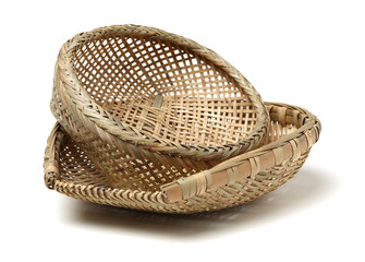 Bamboo basket hand made isolated on white background. Woven from bamboo tray.