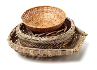 Bamboo basket hand made isolated on white background. Woven from bamboo tray.