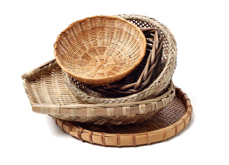 Bamboo basket hand made isolated on white background. Woven from bamboo tray.