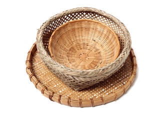 Bamboo basket hand made isolated on white background. Woven from bamboo tray.