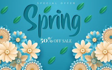 Spring sale vector banner design with flowers. Vector illustration