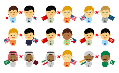 Political conflict between nations. Vector flat illustration set (male/upper body ). 