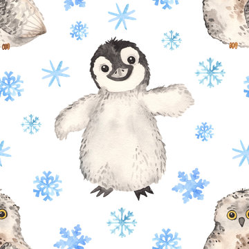 Watercolor seamless pattern cute little arctic penguin and owl © MarinaErmakova