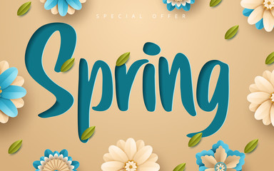 Spring sale flyer template with paper cut flowers and leaves with frame. Vector illustration