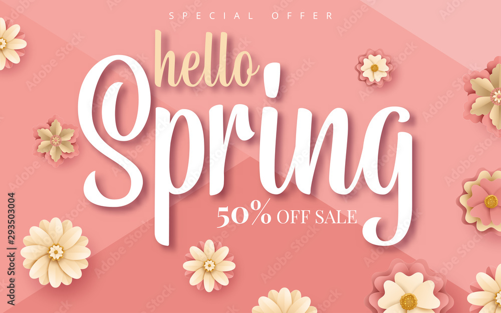 Wall mural spring banner with paper flowers for online shopping, advertising actions, magazines and websites. v