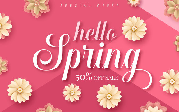 Spring sale vector banner design with flowers. Vector illustration