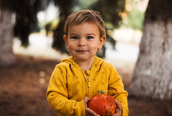 Little beautiful girl toddler holding pumpkin outdoors on sunny fall day. Halloween concept