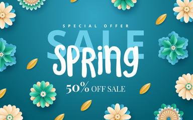 Fototapeta premium Spring banner with paper flowers for online shopping, advertising actions, magazines and websites. Vector illustration