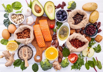 Ingredients for the healthy foods selection on white background. Balanced healthy ingredients of unsaturated fats and fiber for the heart and blood vessels. - 293504402