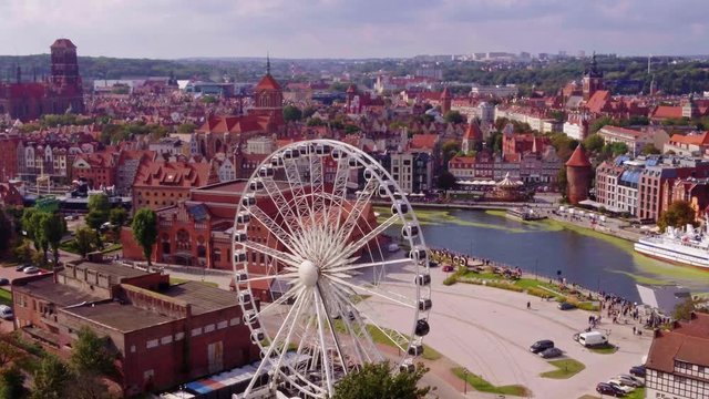Aerial shot of feris wheel in Gdańsk city in Poland.