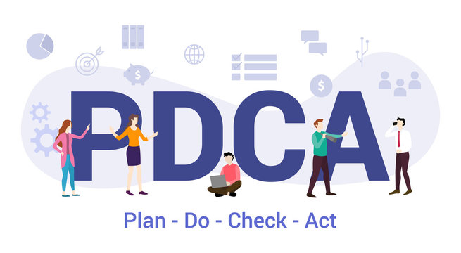 pdca plan do check act concept with big word or text and team people with modern flat style - vector