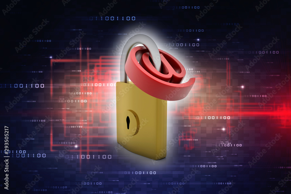 Poster 3d rendering e-mail symbol with lock. internet security concept