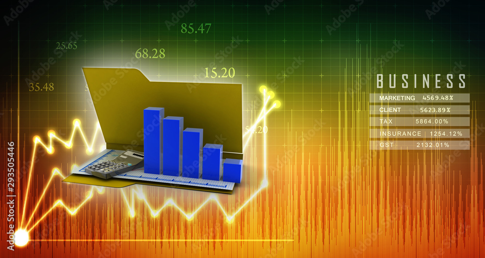 Poster 3d rendering folder icon with paper sheet and 3d graph