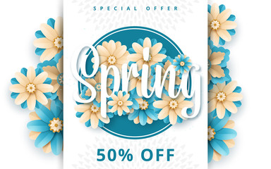 Spring sale. Bright advertising background with flowers, text. The effect of cut paper. Season discount banner design. Vector illustration