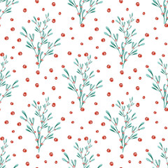 Seamless pattern of green twigs and red holly berries.