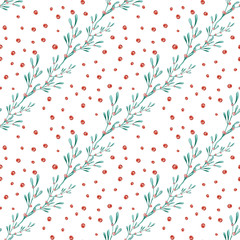 Seamless pattern of green twigs and red holly berries.