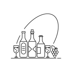 Liquor bottles and glasses  with grapes icon. Outline thin line icon. Isolated on white background. 