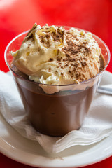 Chocolate mousse with whipped cream.