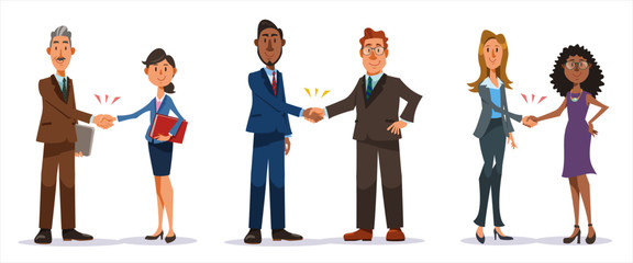 握手するオフィスワーカーのセット。人種、性別、年代にかかわらず、ハッピーなパートナーシップを締結する。