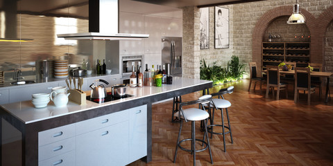 Kitchen inside the Loft Apartment - 3d visualization
