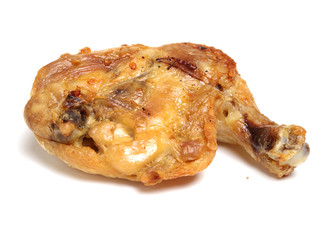 Barbecued chicken leg on white background