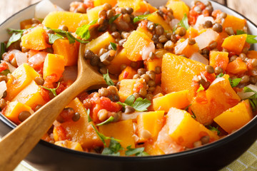 Homemade pumpkin ragout with lentils, onions and carrots in a bowl close-up. horizontal