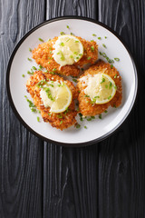 Romano chicken cutlet breaded with lemon and green onion close-up on a plate. Vertical top view