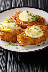 Tasty lemon romano chicken cutlet breaded close-up on a plate. vertical