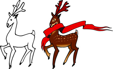 Santa's spotted deer with red ribbon, color vector illustration with black contour lines isolated on a white background in doodle and hand drawn style