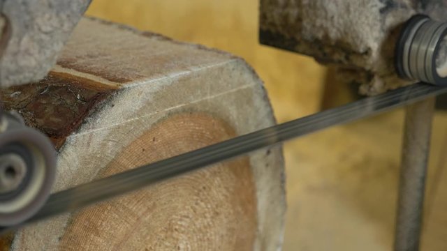 A close up view of an sawmill machine, processing a log of wood at a wood processing mill.A static footage.(1)