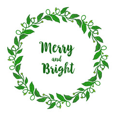 Obraz premium Invitation card merry and bright, with decorative element of green leaf flower frame. Vector