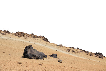 Sand desert wih rocks foreground isolated on white background. Element for matte painting, copy...