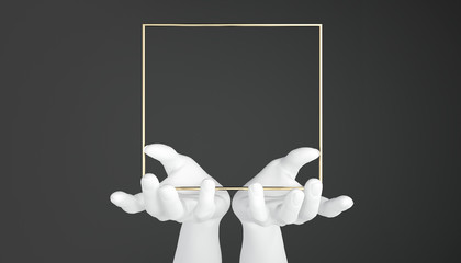 White hands hold a gold square frame on a dark background. 3D rendering.
