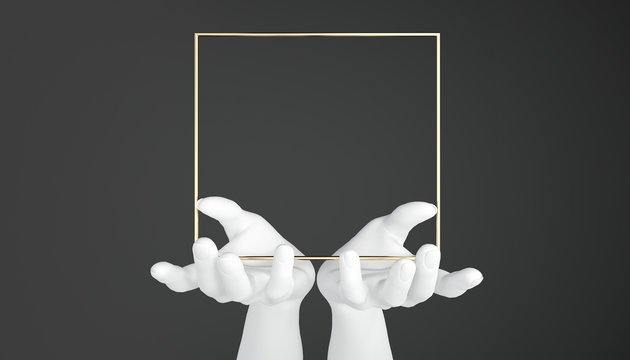 White Hands Hold A Gold Square Frame On A Dark Background. 3D Rendering.