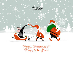 Christmas card with funny mouse and Santa in winter forest, symbol of 2020 year