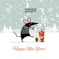 Christmas card with funny mouse in winter forest, symbol of 2020 year