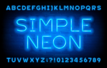 Simple Neon alphabet font. Blue neon light letters and numbers on brick wall background. Stock vector typescript for your typography design.