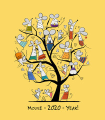 Funny mouses tree, symbol of 2020 year. Greeting card for your design