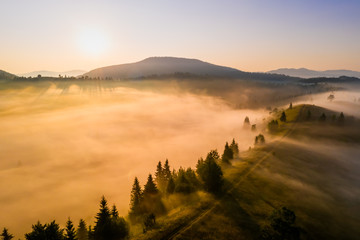 Misty dawn in the mountains. Beautiful landscape
