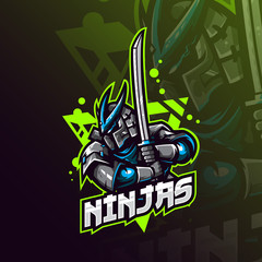 ninja mascot logo design vector with modern illustration concept style for badge, emblem and tshirt printing. ninja illustration with sword. © Ahmadbrutalism666