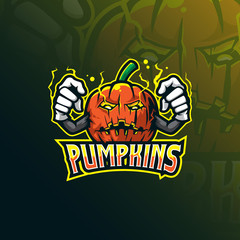 pumpkins mascot logo design vector with modern illustration concept style for badge, emblem and tshirt printing. angry pumpkins illustration.