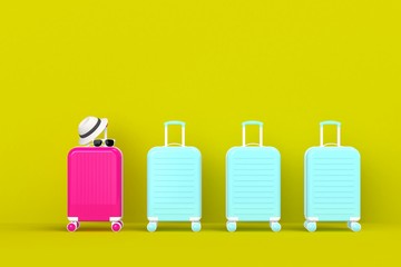 Modern pink and blue suitcases bag with sun glasses and hat on green background. Travel concept. Vacation trip. Copy space. Minimal style. 3D rendering illustration