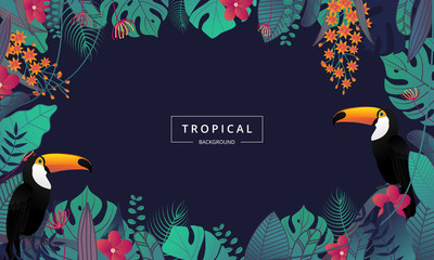 Tropical background with toucan bird ,tropical leaves and flower. Jungle exotic leaf on dark background for promotion banner design, flyer, party poster, printing and website. Vector illustration. - obrazy, fototapety, plakaty