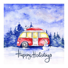 Christmas card / Funny red house on wheels in the Christmas forest	