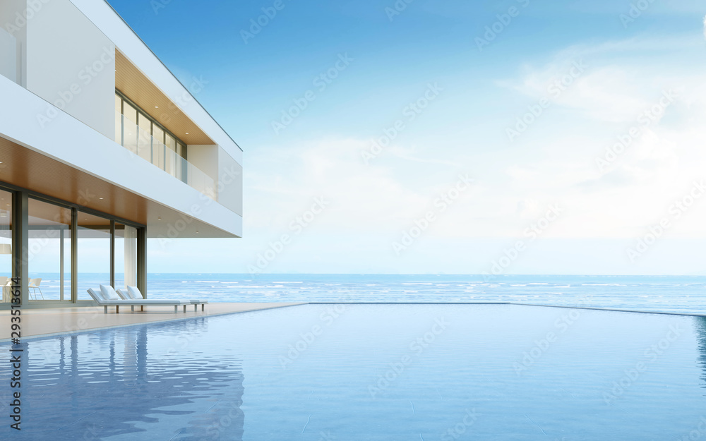 Poster perspective of modern luxury house with wood terrace and swimming pool on sea view background,idea o
