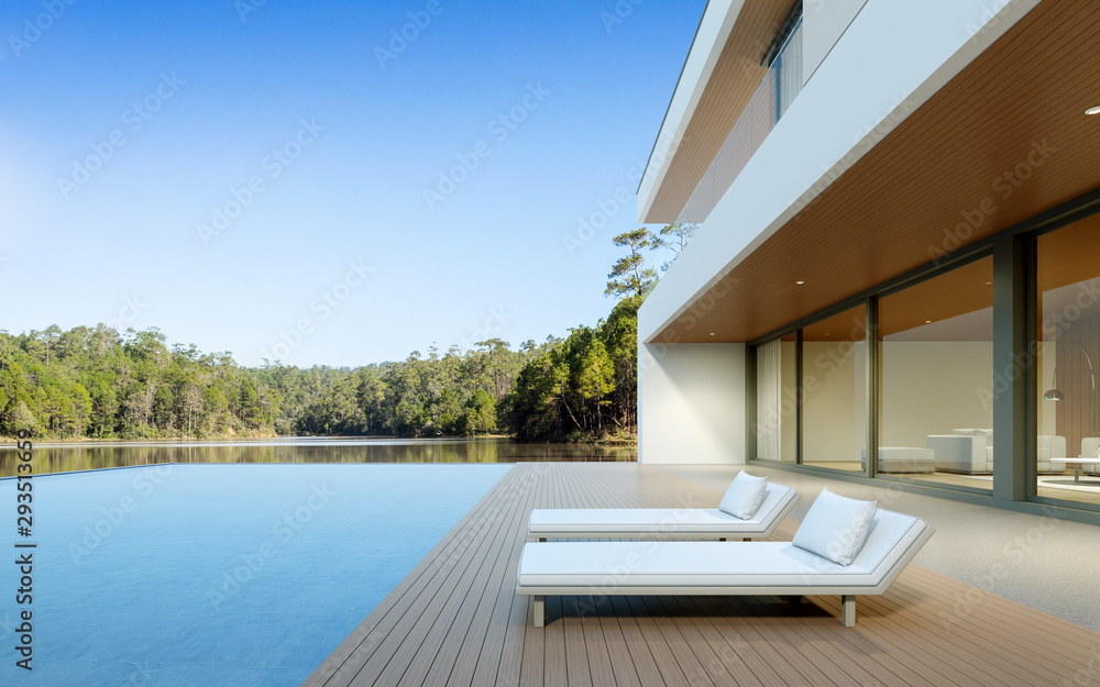 Poster perspective of luxury modern house with swimming pool in day time on forest lake background, idea of