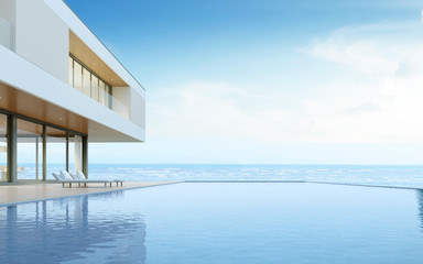 Perspective of modern luxury house with wood terrace and swimming pool on sea view background,Idea of minimal architecture design. 3D rendering.