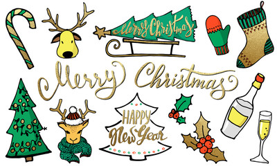 CDoodle Christmas Set, color icons. Cute hand drawn design elements for you. Merry Christmas and New Year symbols, lettering. Vector illustration