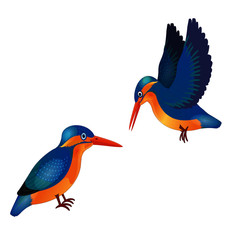 Kingfisher Flying and Sitting - Cartoon Vector Image