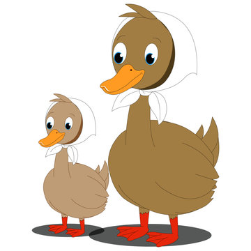 Mother and Baby Brown Ducks - Cartoon Vector Image